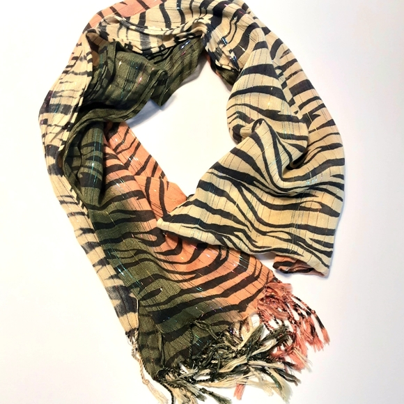 Tri-colored Tiger Striped Fashion Scarf, Green Orange Gold Fringed - Picture 5 of 8